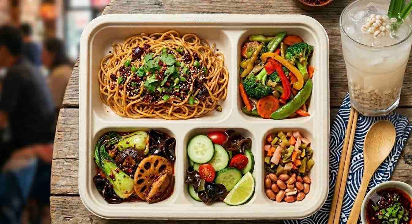 Mala noodles with fresh ingredients + a large chilled oat milk / hot home-brewed drink
