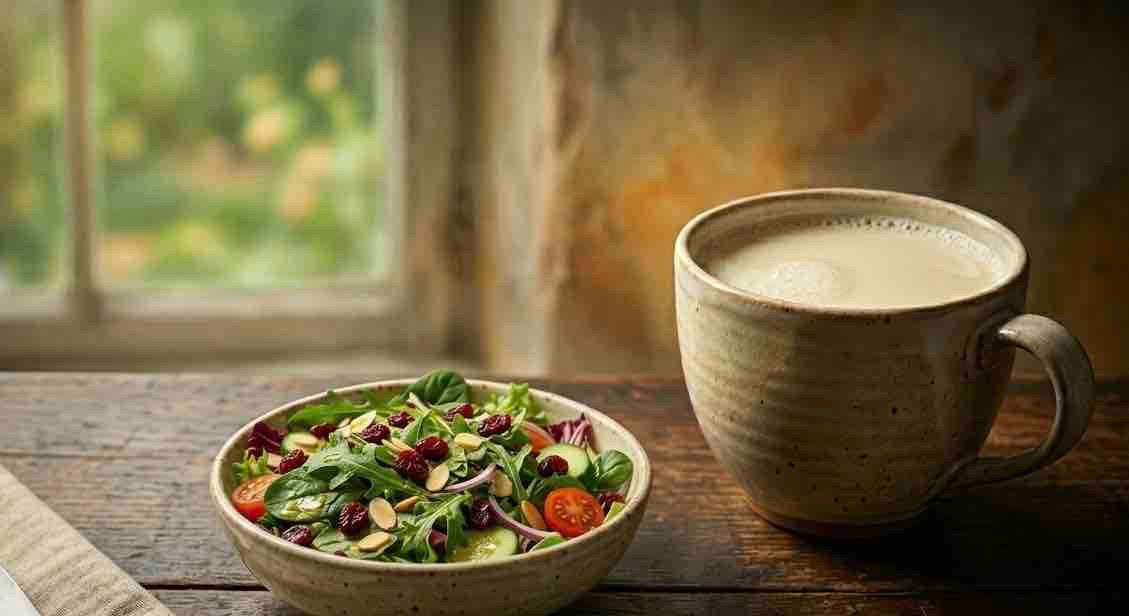 Garden salad bowl with a hot home-brewed drink