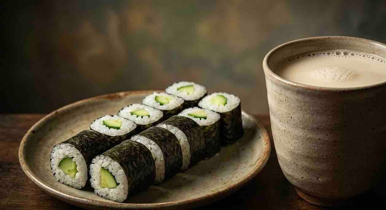 Oshinko / Cucumber / Konnyaku ‘Prawn’ Maki with a Large Hot Soy Milk