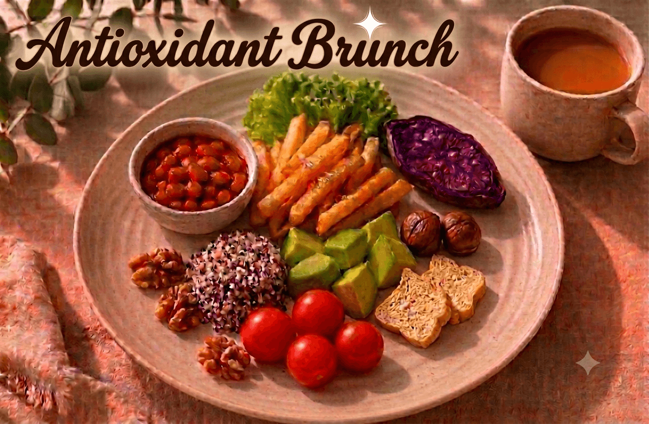 Antioxidant Brunch Platter with a hot home-brewed drink