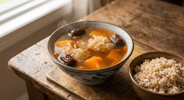 Snow Fungus with Papaya Beauty Soup / Lotus Root Black Bean Soup with brown rice / pumpkin rice